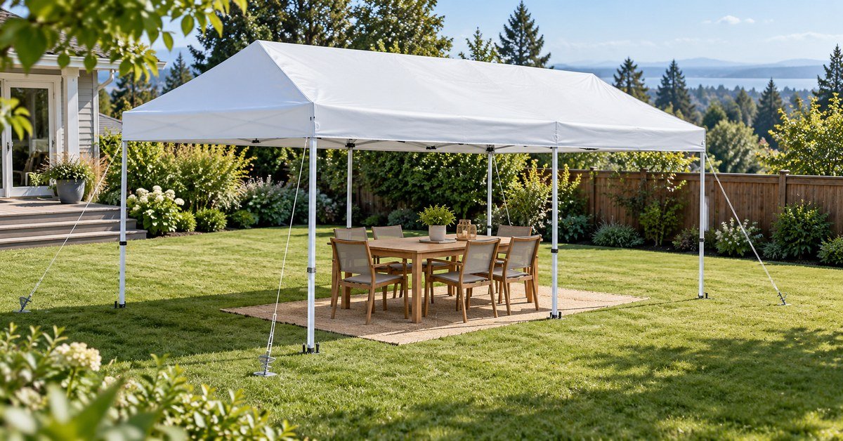 White canopy tent covering a backyard dining table with leg anchors visible
