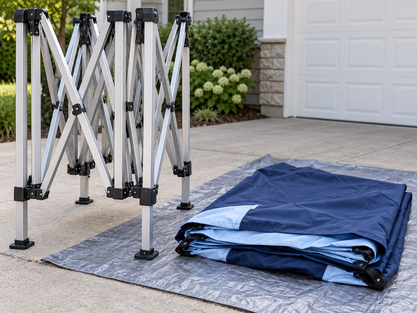 Folded pop-up canopy frame beside detached fabric laid flat on a tarp