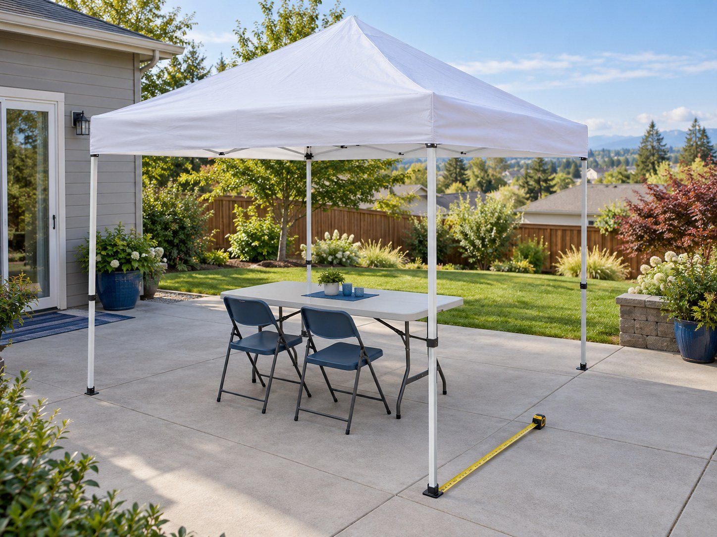 Open white canopy over a patio table and two chairs with open space around the legs